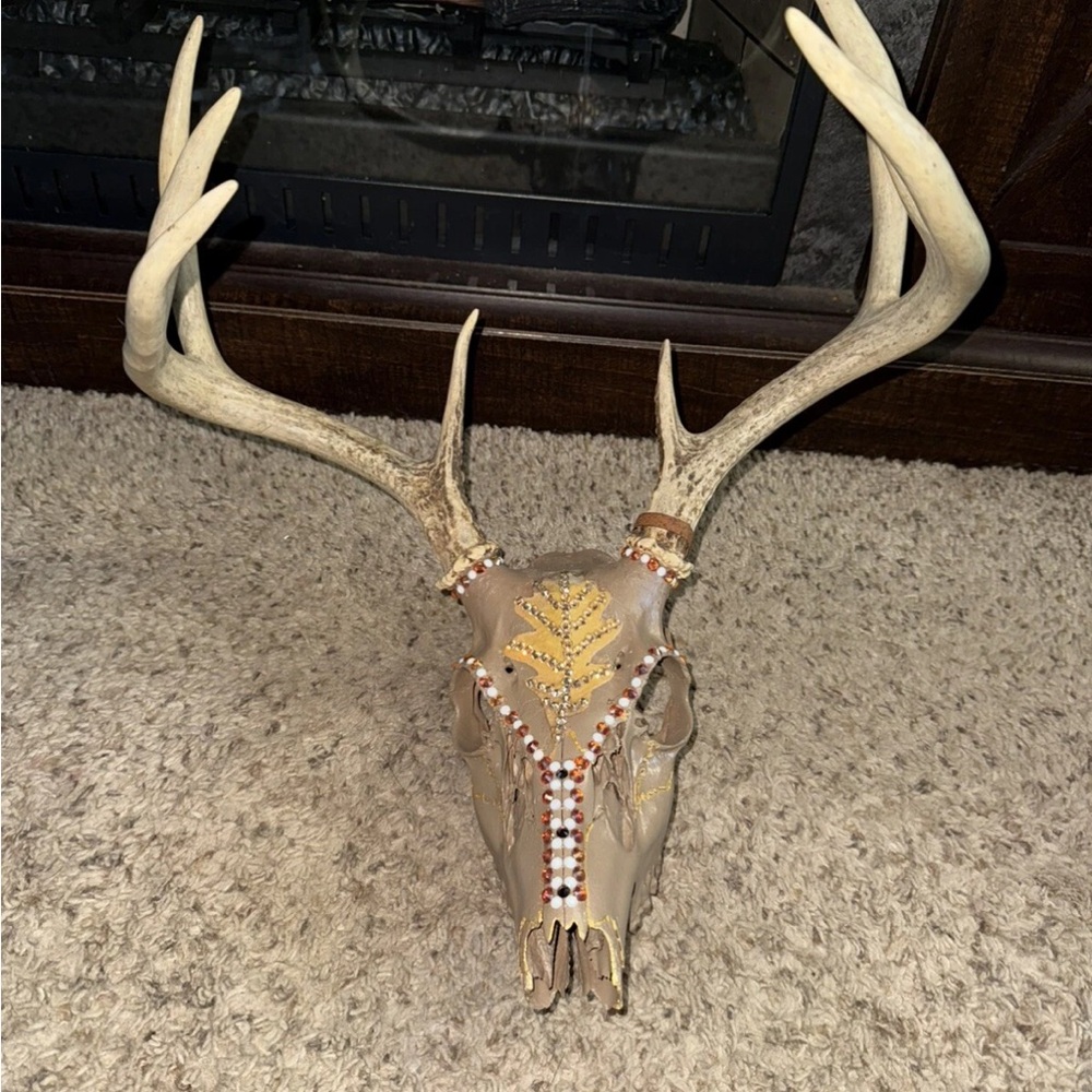Decorative Real Whitetail Antler Skull with Beaded Design
